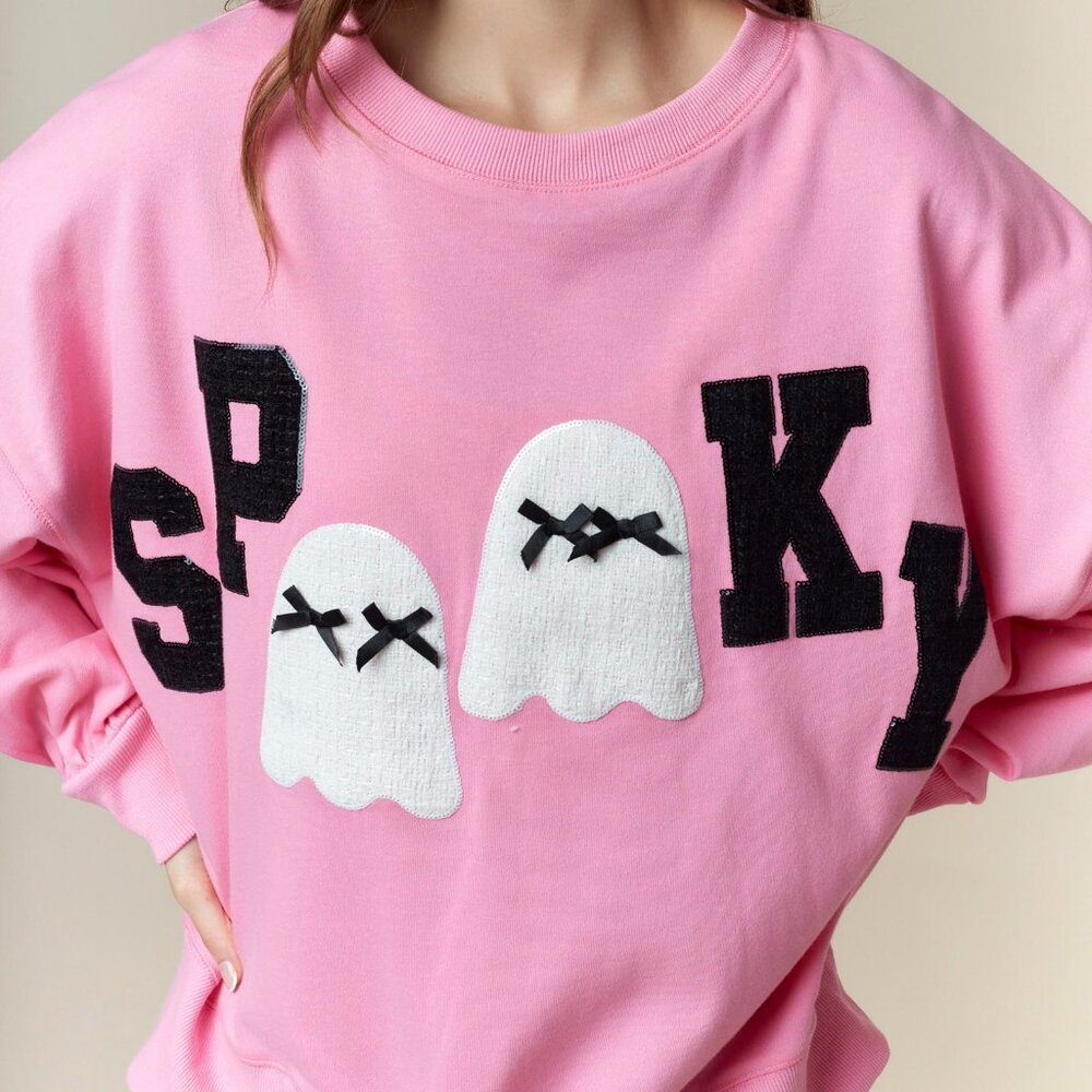 NWT Peach Love Pink Halloween ‘Spooky’ Sweatshirt with Ghost Patches